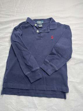 Polo Ralph Lauren Boys Size 5 Navy Blue Long Sleeve Pique Polo Shirt Red Pony #p